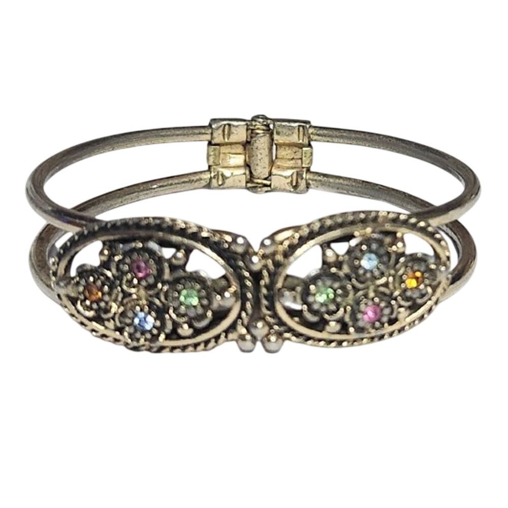 Vintage Emmons Floral Antique Filigree Hinged Bangle Multi Rhinestone Bracelet